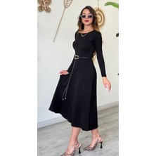 Şamdan Kemer Detaylı Uzun Kollu Triko Elbise