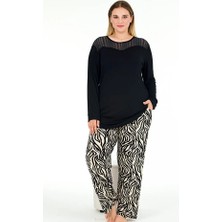 Nightlove Lady Zebra Desenli Yumuşacık Pijama Uzun Kollu Omuzlar Dantel Büyük Beden Viskon Pijama Takımı