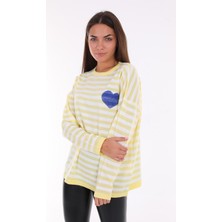 Alışveriş Sokağı Oversize Kalp Desenli Çizgili Ince Triko Bluz