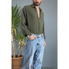 Alışveriş Sokağı %100 Pamuk Oversize Uzun Kollu Keten Gömlek