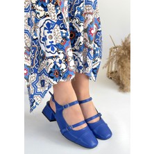 Alfaze Küt Burun Arkası Açık Kemerli Topuklu Ayakkabı Cilt Mavi Topuk Boyu 3 cm