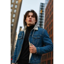 Damga Erkek Içi Kürklü Kışlık Kapşonlu Mavi Kot Mont