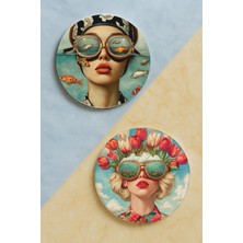 Nurdic Ev Dekor Oval Pleksi Bardak Altlığı Temalı Desenli 2 Adet Set Kolaj