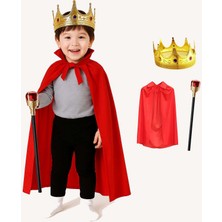Çocuk Kral Kostüm Seti – Kırmızı Pelerin, Taç ve Asa (90 Cm)