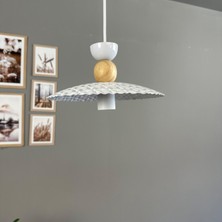 Bamyum Avola Beyaz Metal Avize Tekli Ahşap Şapka Başlık Mutfak Modern Dekoratif Sarkıt Aydınlatma