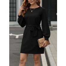 Mareandpanda Kadın Uzun Kollu Kayık Yaka Belden Kuşaklı Kısa Ithal Krep Elbise