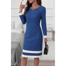 Mareandpanda Kadın Uzun Kollu Yuvarlak Yaka Etek Ucu Şerit Detaylı Mini Dokuma Elbise