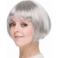 Gri Gümüş Renk Düz Kesim Astarlı Küt Parti Peruğu