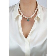 Liveyn Design Yeşil Kristal Taşlı Barok Inci Kolye