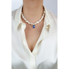 Liveyn Design Mavi Kristal Taşlı Barok Inci Kolye