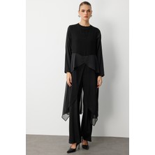 Mizalle Şifon Detaylı Uzun Saten Şık Siyah Tulum