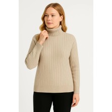 Mareandpanda Balıkcı Yaka Bağazlı Triko Kazak Pamuklu Kalın Fitilli Dokuma - Bej