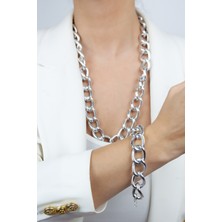 Liveyn Design Kalın Halka Gümüş Renk Uzun Kolye Bileklik Set