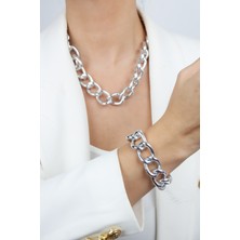 Liveyn Design Kalın Halka Gümüş Renk Kolye Bileklik Set