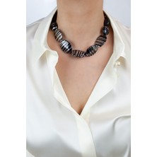 Liveyn Design Gümüş Varak Detay Siyah Kadın Kolye