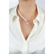Liveyn Design Şeffaf Kristal Uçlu Inci ve Zincir Kolye