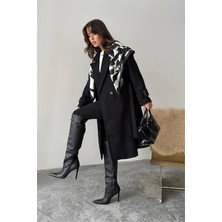 Neşeli Butik Kadın Kuşak Detaylı Uzun Kol Astarlı Kaşe Kaban %100 Polyester Siyah