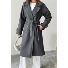 Neşeli Butik Kadın Kuşak Detaylı Astarlı Kaşe Kaban NBG120