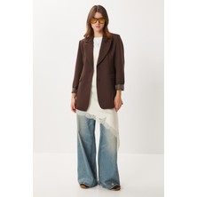 Happiness İstanbul Vatkalı Düğmeli Blazer Dokuma Ceket LXA0012 Kahverengi