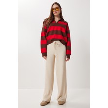 Happiness İstanbul Geniş Paça Krinkıl Örme Pantolon LCI0057 Krem