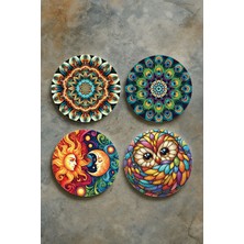 Nurdic Ev Dekor Oval Pleksi Bardak Altlığı Temalı Desenli 4'lü Set Mandala