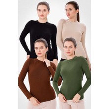 Yade Fashion Uzun Kol Bisiklet Yaka Viskon Body 4'lü Set Kadın İç Giyim Siyah Kahverengi Ekru Haki