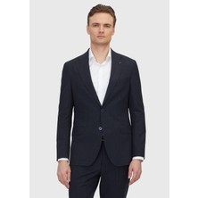 Ramsey Koyu Lacivert Desenli Zeroweight Slim Fit %100 Yün Takım Elbise