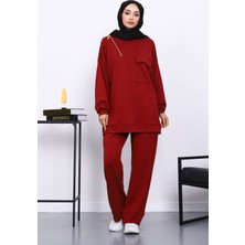 İmaj Butik Bordo Tek Cepli Tunik Pantolonlu Modal Takım