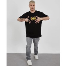 Velmora Fashion Unisex Bisiklet Yaka Baskılı Oversize T-Shirt - Siyah -Vlmr