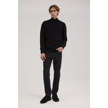 Jakamen Siyah Slim Fit Desenli Pamuklu Tam Balıkçı Yaka Triko