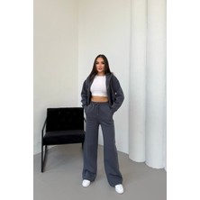 Mezka Kadın Kapüşonlu Kışlık Oversize Eşofman Takımı Füme Renkli Trend Tasarım İki Parça