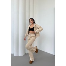 Mezka Kadın Oversize Kapüşonlu Kışlık Eşofman Takımı 2 Parça Krem Renk Trend Tasarım