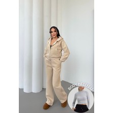 Mezka Kadın Çift Fermuar Detaylı Kapüşonlu Kışlık Şardonlu Oversize Eşofman Takımı