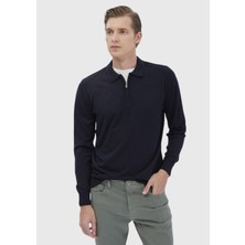 Ramsey Lacivert Polo Yaka Düz Örgü Yün Karışımlı Triko Kazak