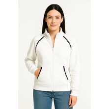 Velmora Fashion Kadın Oversize Dik Yaka Fermuarlı Sweatshirt - Zincir Nakışli Kanguru Cepli, - Beyaz -Vlmr
