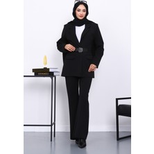 İmaj Butik Siyah Kemerli Blazer Ceket Pantolonlu Takım
