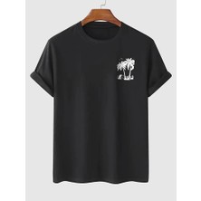 Velmora Fashion 20/1 Penye Compack Palmiye Ön Baskılı Oversize Bisiklet Yaka Kısa Kol Yazlık T-Shirt - Siyah -Vlmr