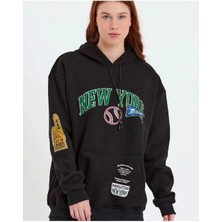 Velmora Fashion Kadın Baskılı Kapüşonlu Sweatshirt - Siyah -Vlmr