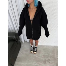 Velmora Fashion Oversize Tam Fermuarlı Uzun Kol Hırka - Siyah -Vlmr