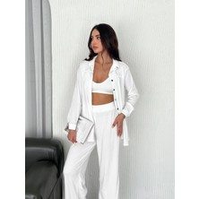 Velmora Fashion Yakalı Düğmeli Uzun Kollu Gömlek Pantolon Ikili Takım - Beyaz -Vlmr