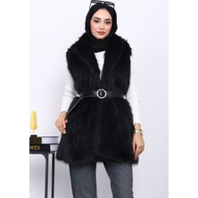 İmaj Butik Siyah Bel Kemerli Çift Cepli Kürk Yelek