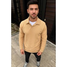 Alfanora Erkek Fitilli Polar Sweatshirt – Düğmesiz Polo Yaka, Oversize Rahat Kalıp, Kalın Polar Kumaş, Kışlık ve Baharlık Şık Günlük Üst - Bej