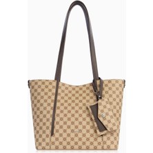 Cengiz Pakel Kartlık Charm Detaylı Monogram Kadın El – Omuz Çantası – 7604P - Vizon/kahve