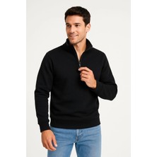 Velmora Fashion Erkek Dik Yaka Sweatshirt Dik Yaka Yarım Fermuarlı 3 Iplik Şardonlu Pamuk Kumaş - Siyah -Vlmr