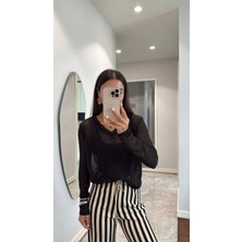 Velmora Fashion V Yaka Uzun Kollu Triko Ince Bluz - Siyah -Vlmr