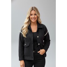 Sibel Günay Butik Kadın Polo Yaka Düğmeli Angora Siyah Hırka | Cepli – Biye Detaylı