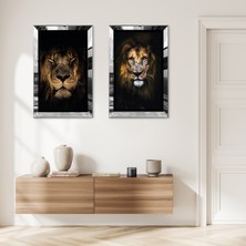 Zevahir Mobilya Dekorasyon Gümüş Aynalı Pleksi Çerçeveli Siyah Arka Planlı Asil Aslan ve Yaşlı Aslan Ikili Mdf Tablo Seti