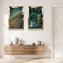 Zevahir Mobilya Dekorasyon Gold Aynalı Pleksi Çerçeveli Yeşil Soyut Yapraklar Ikili Mdf Tablo Seti