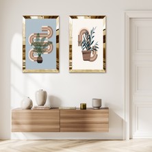 Zevahir Mobilya Dekorasyon Gold Aynalı Pleksi Çerçeveli Beyaz Mavi Arka Planlı Modern Soyut Bitki Ikili Mdf Tablo Seti