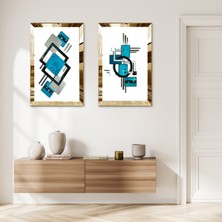 Zevahir Mobilya Dekorasyon Gold Aynalı Pleksi Çerçeveli Beya Arka Planlı Mavi Soyut Desenler Ikili Mdf Tablo Seti